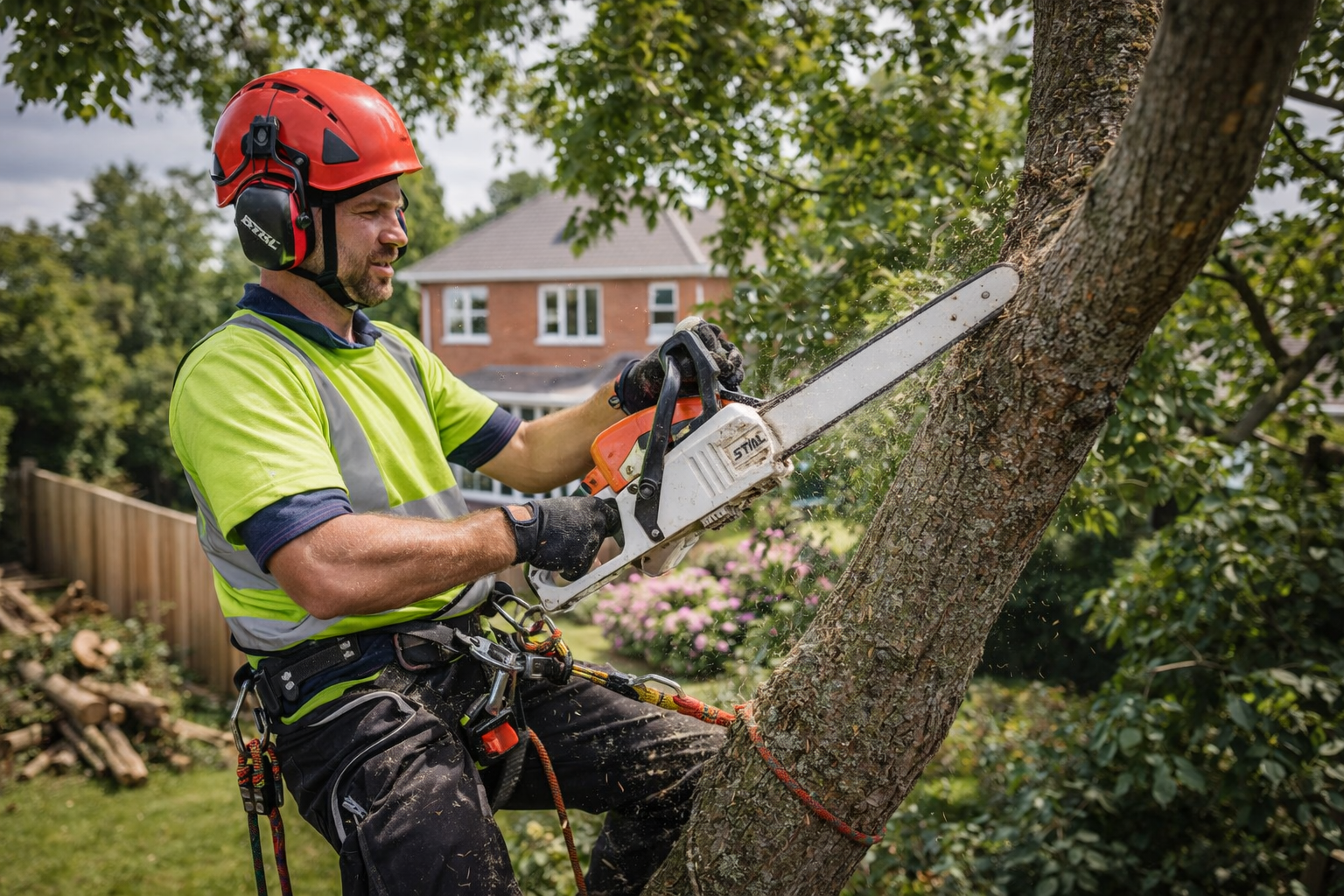 Tree surgeon working safely in residential garden