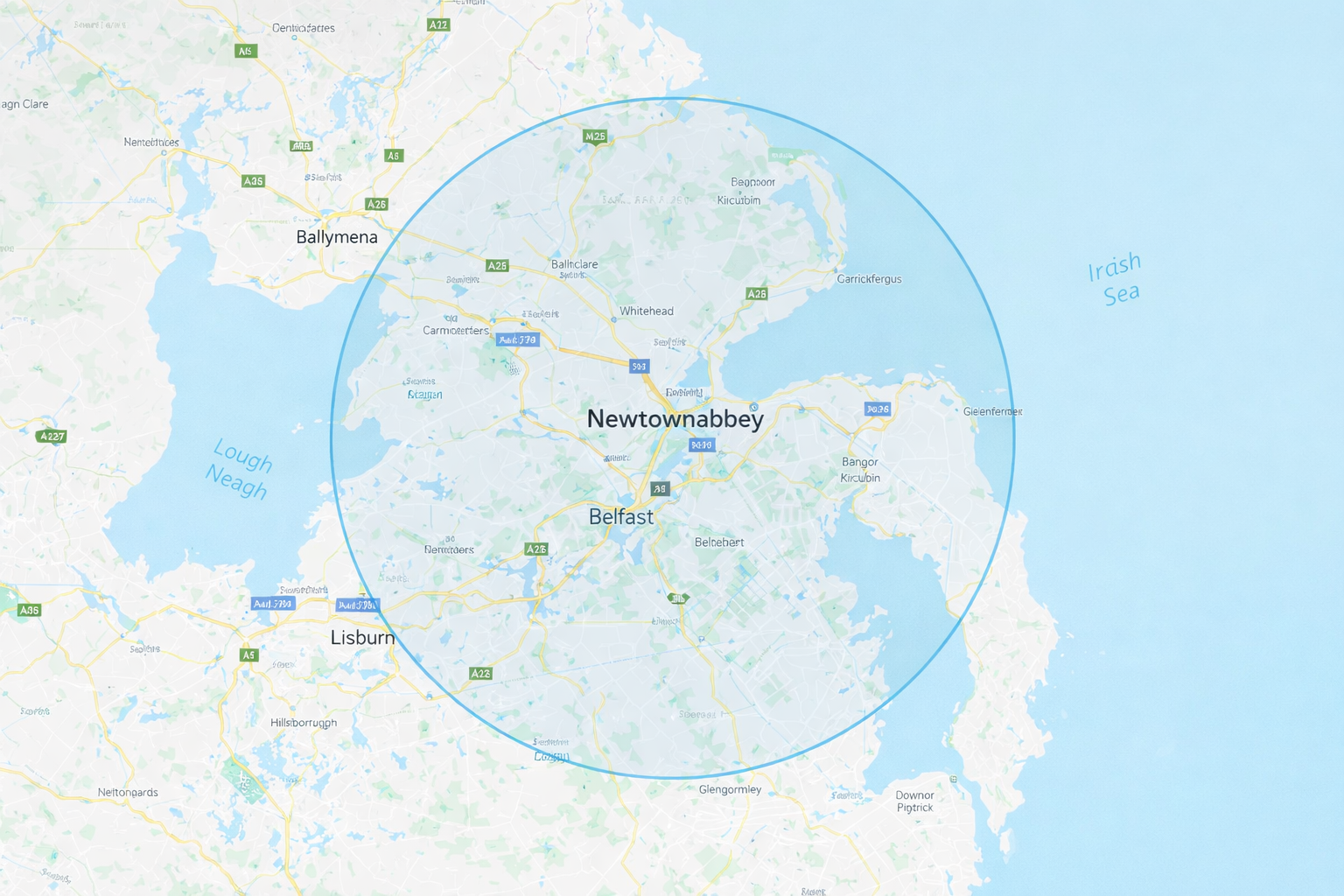 Illustrated service coverage radius map for Newtownabbey and surrounding areas