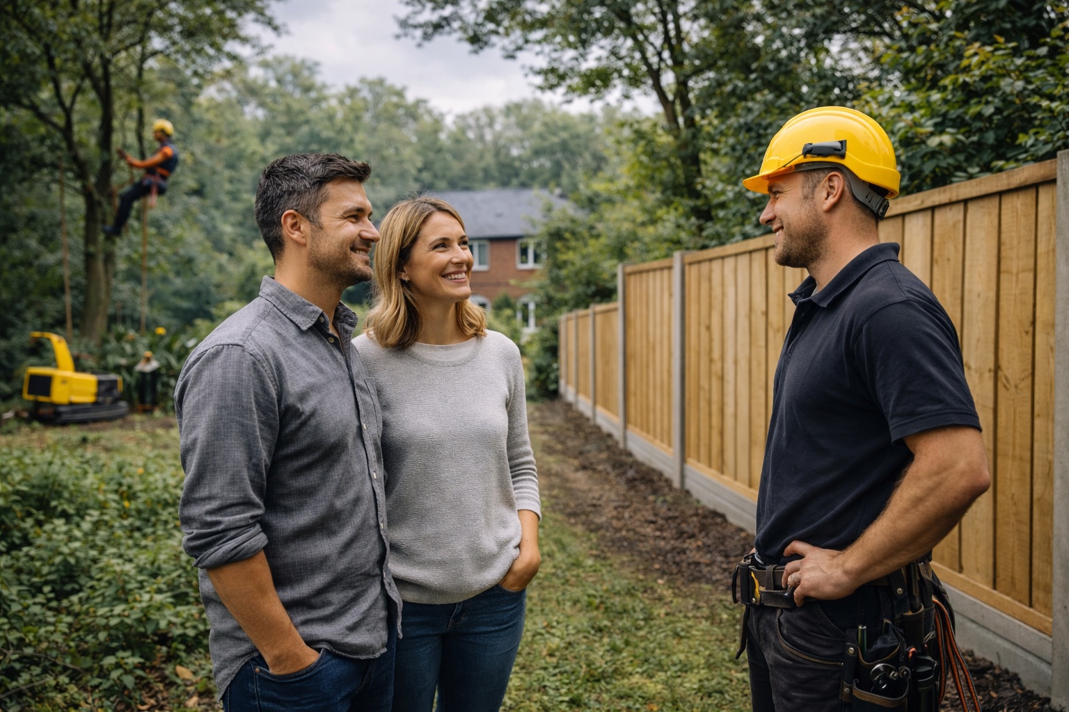 Outdoor contractor discussing completed work with a satisfied customer